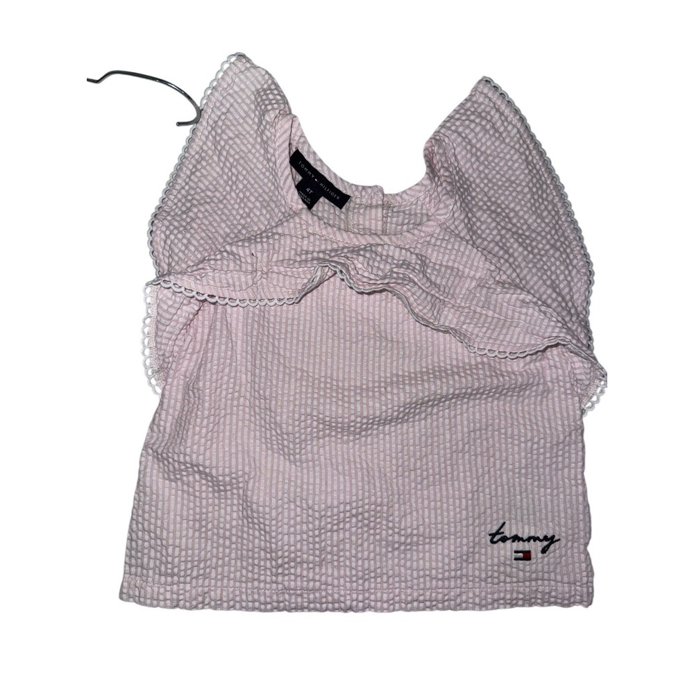 Tommy Hilfiger Girls 4T Pink And White Seersucker Top With Ruffle EUC